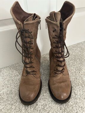 A.S.98 Jasper Brown Lace-Up Leather Mid-Calf Boots with Side Zipper in Tobacco